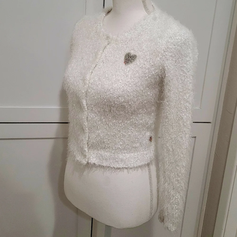 Billieblush White Fuzzy Knit Cardigan Sweater with Sequin Heart | Size 10
